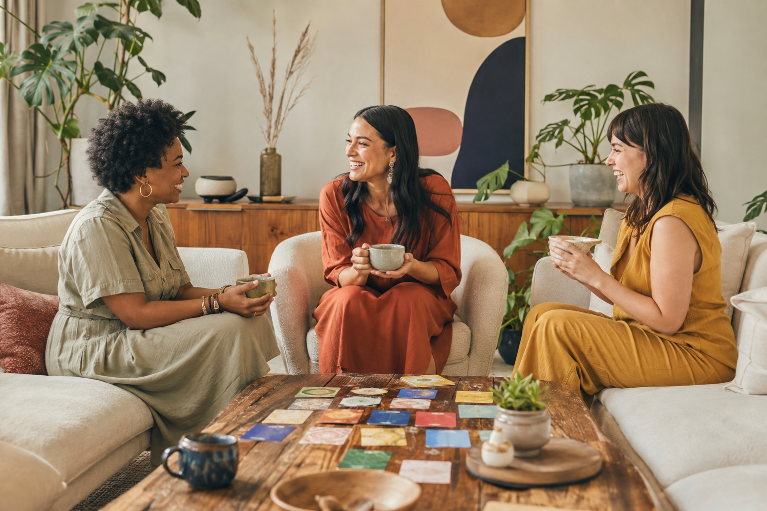 Friends having a supportive conversation in a sunlit studio lounge