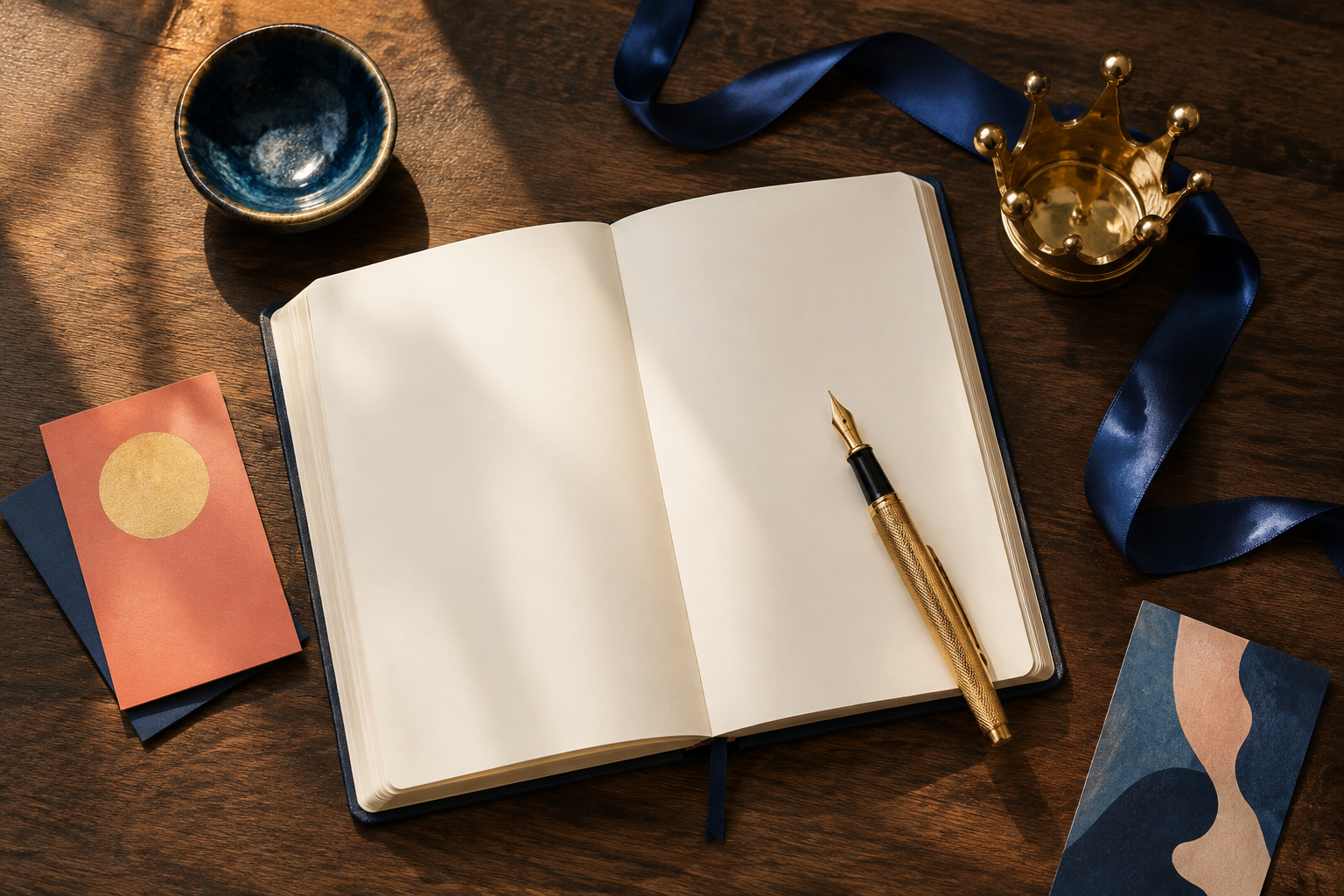 Journal, gold pen, blue ribbon and crown paperweight on a wooden table