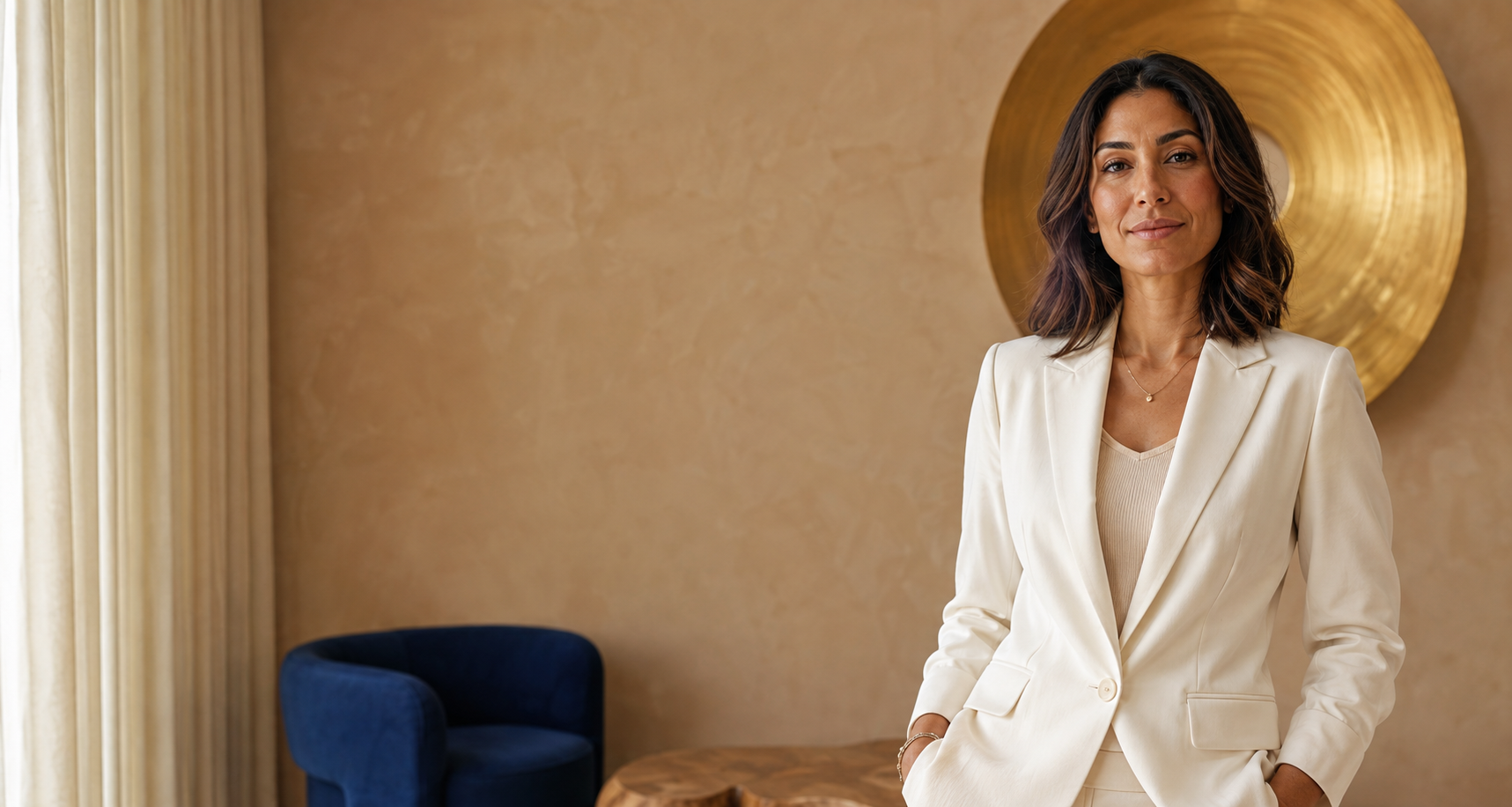 Creative professional in an ivory blazer in a contemporary studio